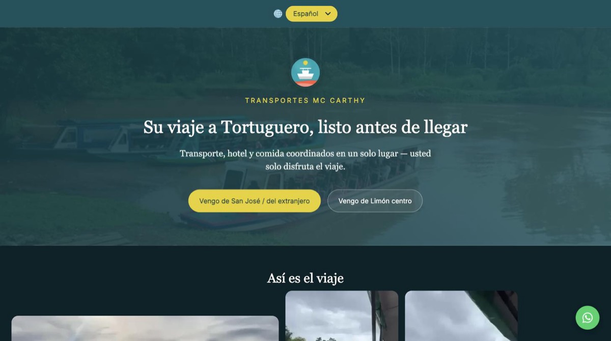 Sitio web de Transportes Mc Carthy, hecho a la medida para reservas de transporte a Tortuguero