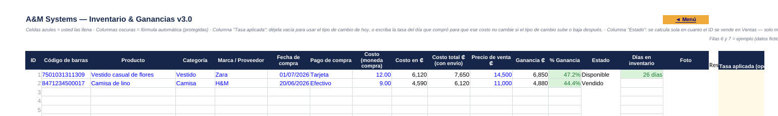 Hoja de inventario de A&M Systems — costo, precio y ganancia por producto